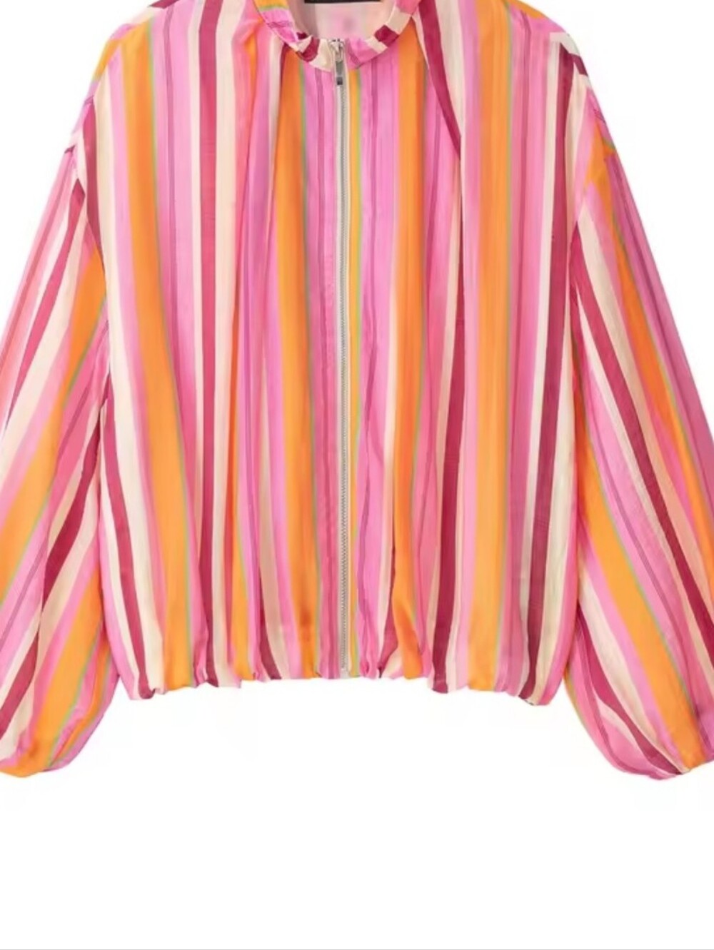 Women's Pink Multi-Stripe High-Neck Balloon Sleeve Top - Picture 7 of 7